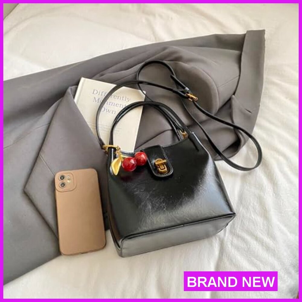 Vegan Leather Tote Shoulder Bag Retro Bucket Satchel Crossbody Adjustable Strap - Picture 6 of 7